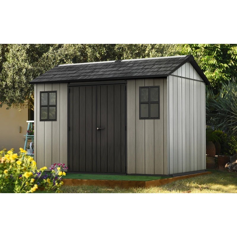 Casetta in duotech verniciabile grigio effetto legno 2 porte e 2 finestre 350x229xh.254 cm