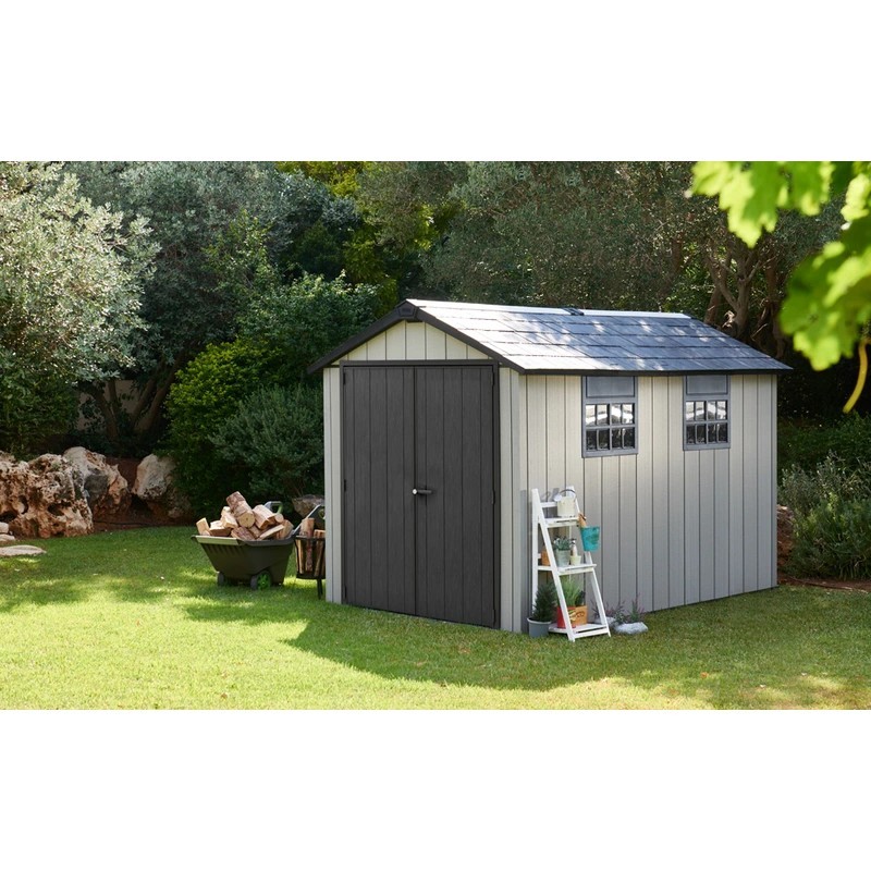Casetta in duotech grigio effetto legno naturale  2 porte 2 finestre in policarbonato 230x350xh.242 cm