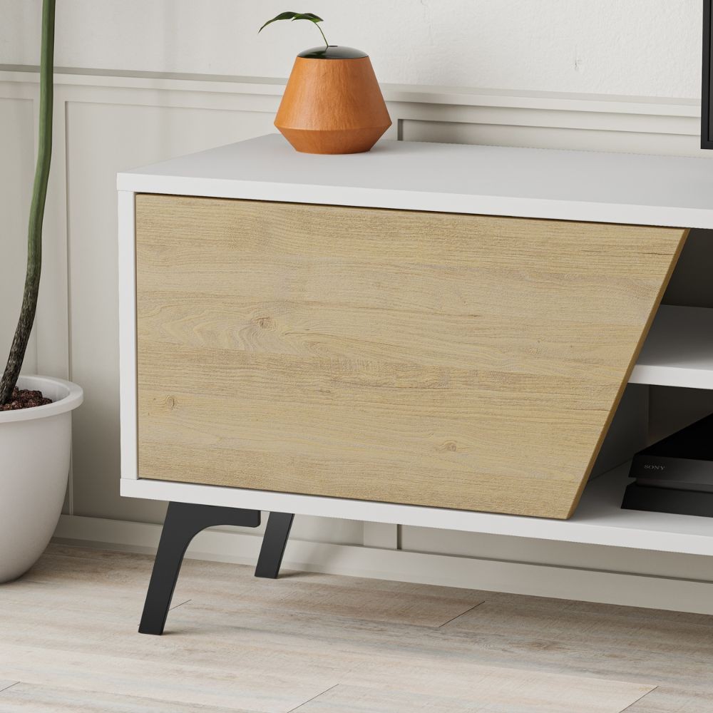(3c) Porta TV Fiona Bianco con Anta Rovere e Mensola H 48 x P 35,60 x L 180 cm