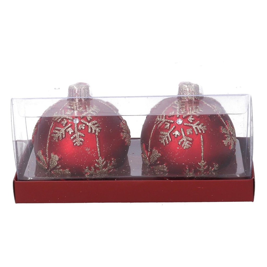 Confezione 2 pezzi candela paraffina sfera con fiocchi di neve rosso cm ø7,5h7,5