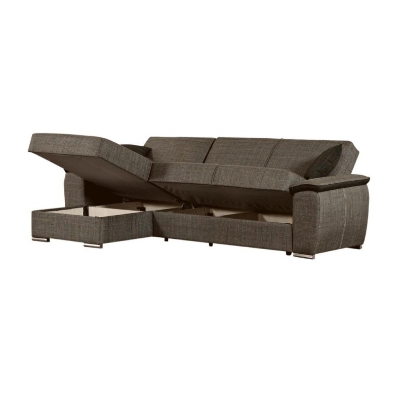 Divano con penisola reversibile in legno e tessuto Tortora GINEPRO 279x123x h60 cm