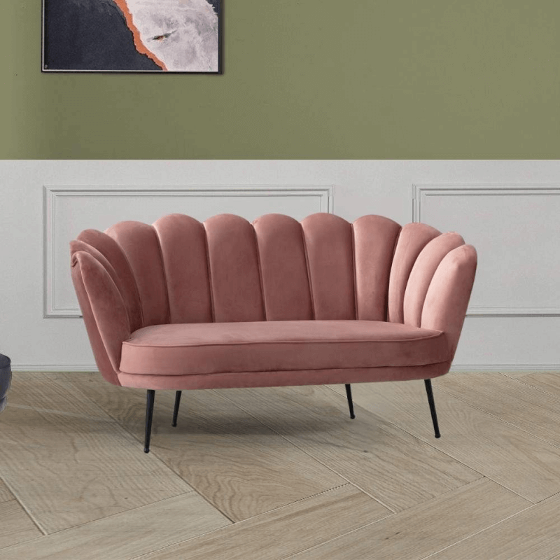 Divano Orel due posti in velluto rosa antico a conchiglia e piedi neri EFFEZ