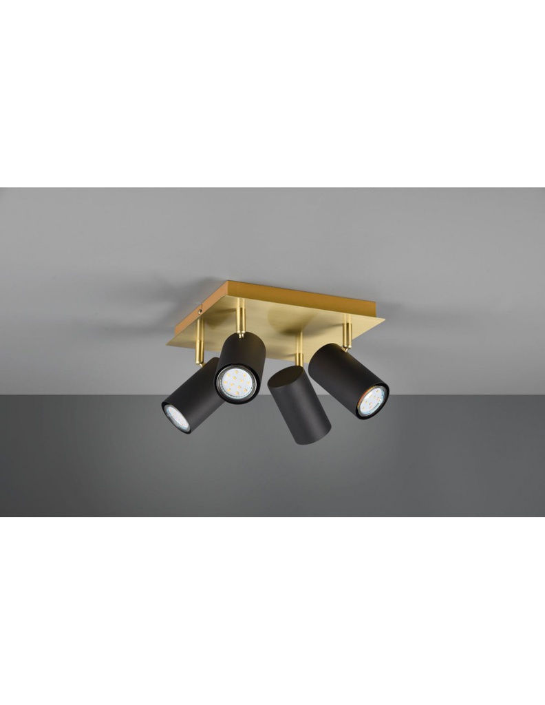 Faretto Marley Piastra Quadrata Oro 4 Spot Cilindrici Neri Orientabili Trio Lighting