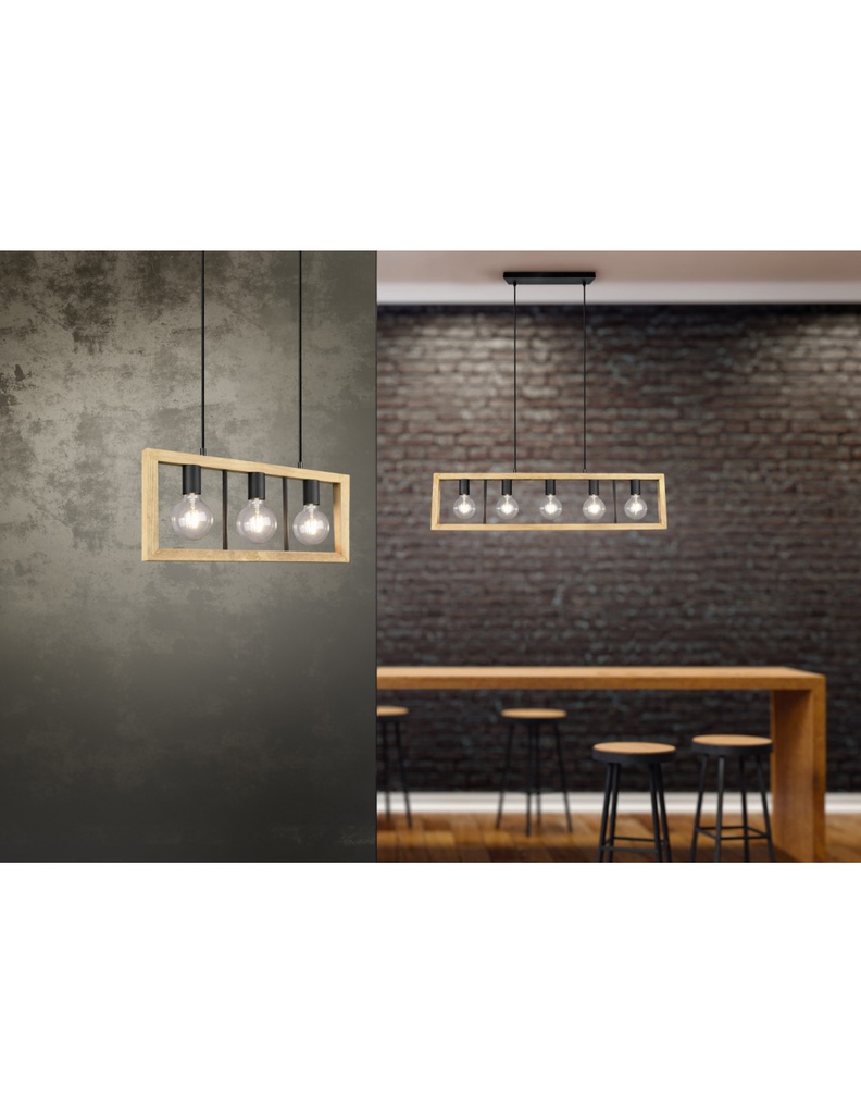 Lampadario Agra Gabbia Rettangolare Legno 5 Luci Legno Naturale E Nero Trio Lighting