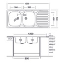 Lavello cucina due vasche con gocciolatoio dx acciaio da appoggio 50x120 cm