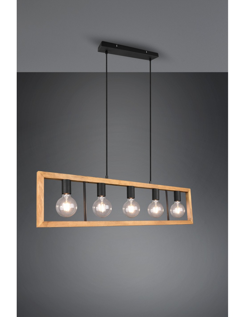 Lampadario Agra Gabbia Rettangolare Legno 5 Luci Legno Naturale E Nero Trio Lighting