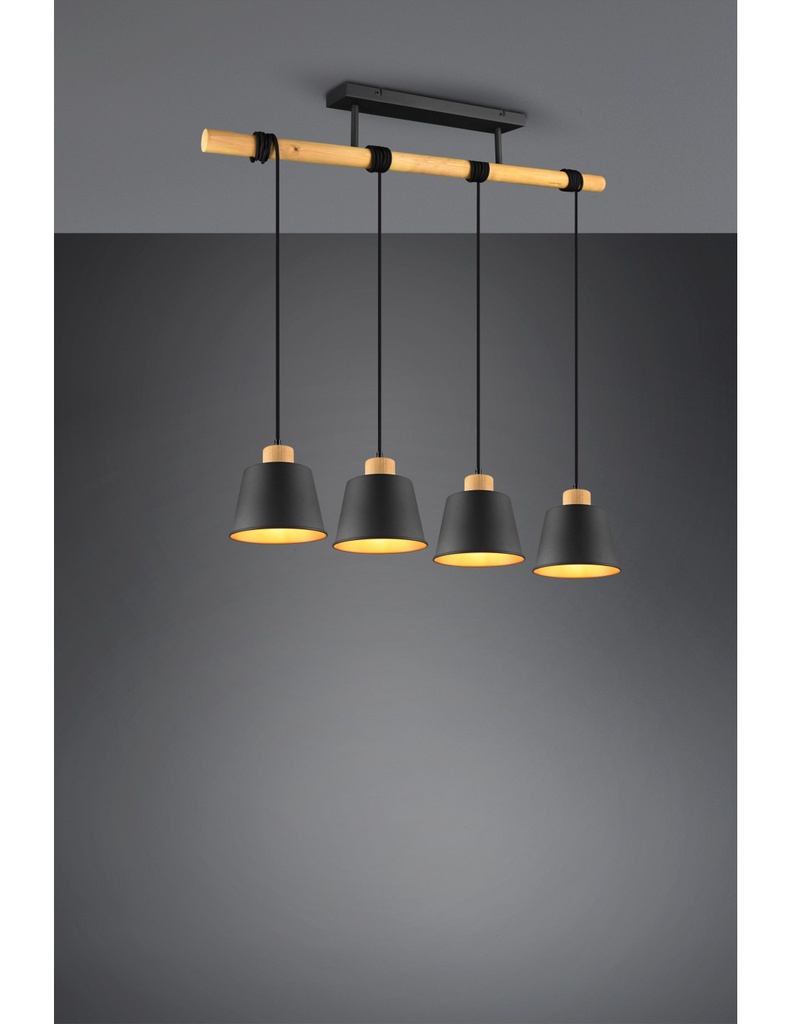 Lampadario Barra Legno 4 Paralumi Nero Oro Harris Trio Lighting