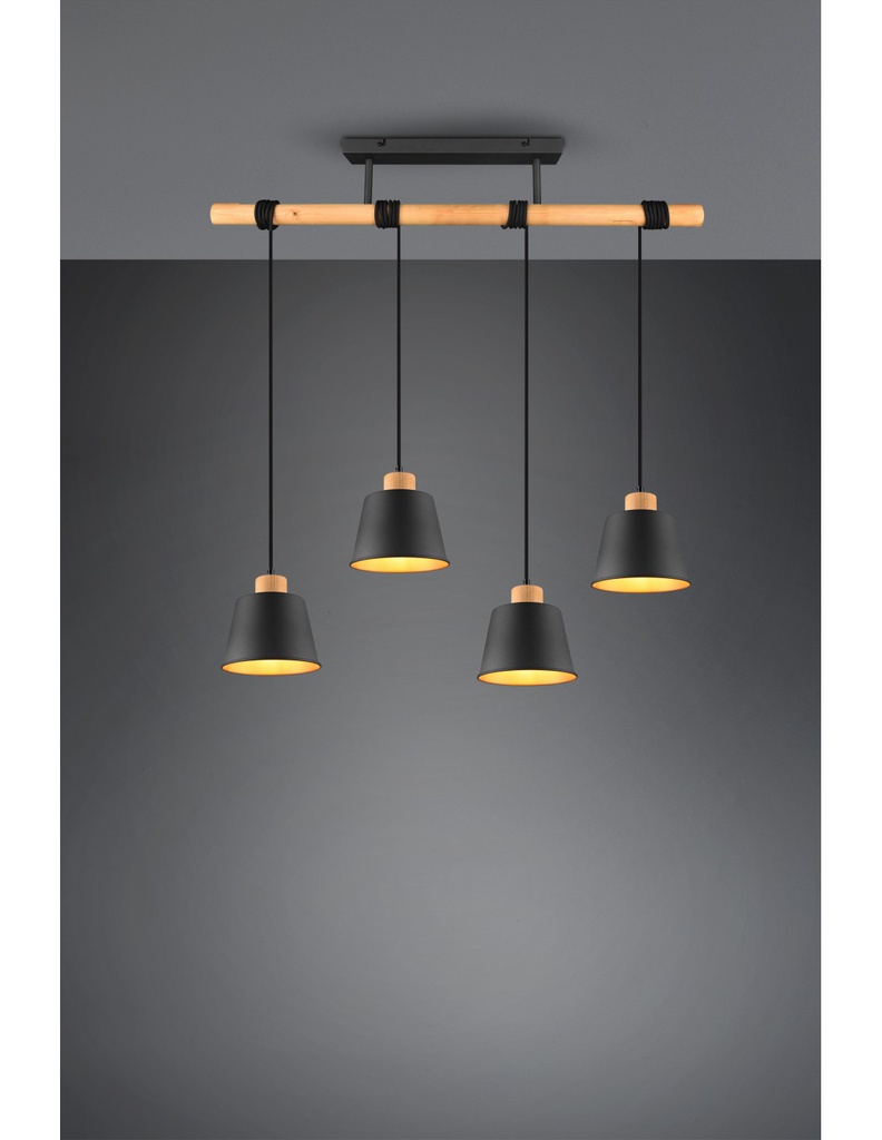 Lampadario Barra Legno 4 Paralumi Nero Oro Harris Trio Lighting