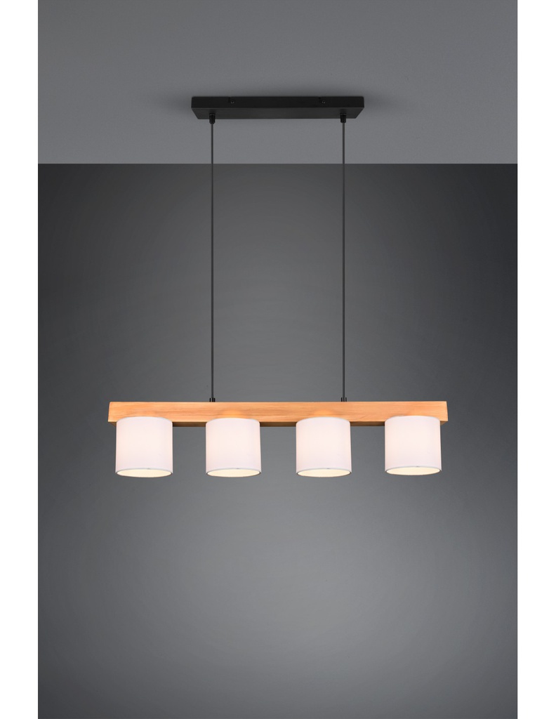 Lampadario Sospensione Legno 4 Paralumi Bianchi Cameron Trio Lighting