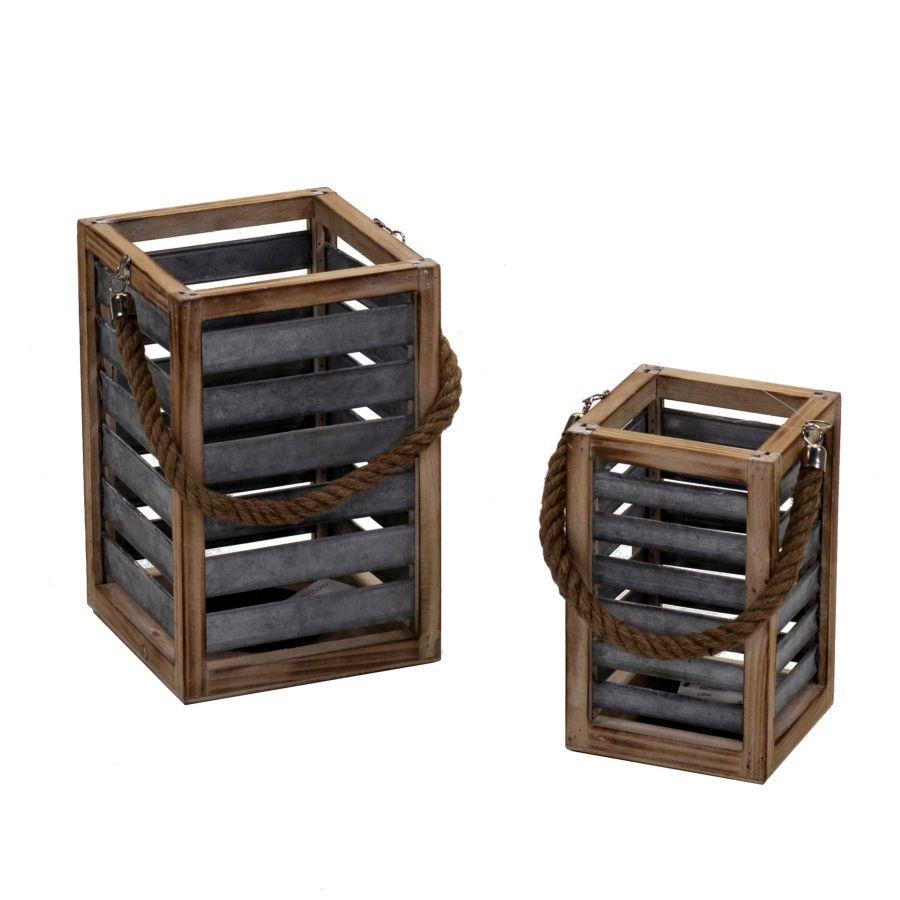 Lanterna legno 1-2 marrone con manico corda quadro cm 19x19h28