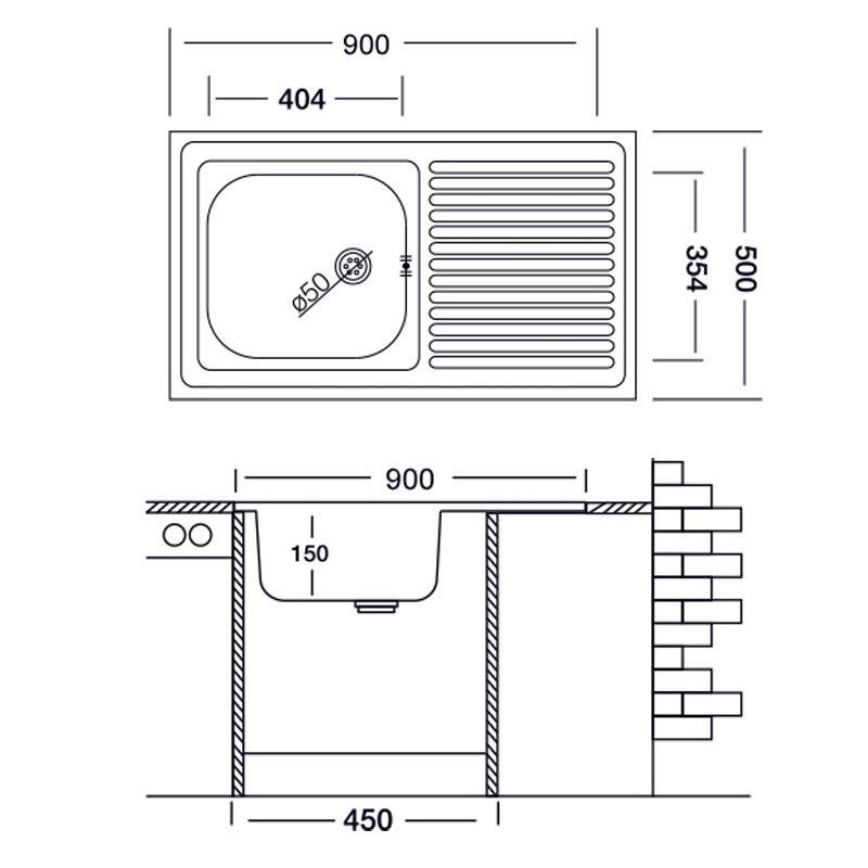 Lavello cucina vasca con gocciolatoio dx acciaio da appoggio 50x90 cm (N118DX)