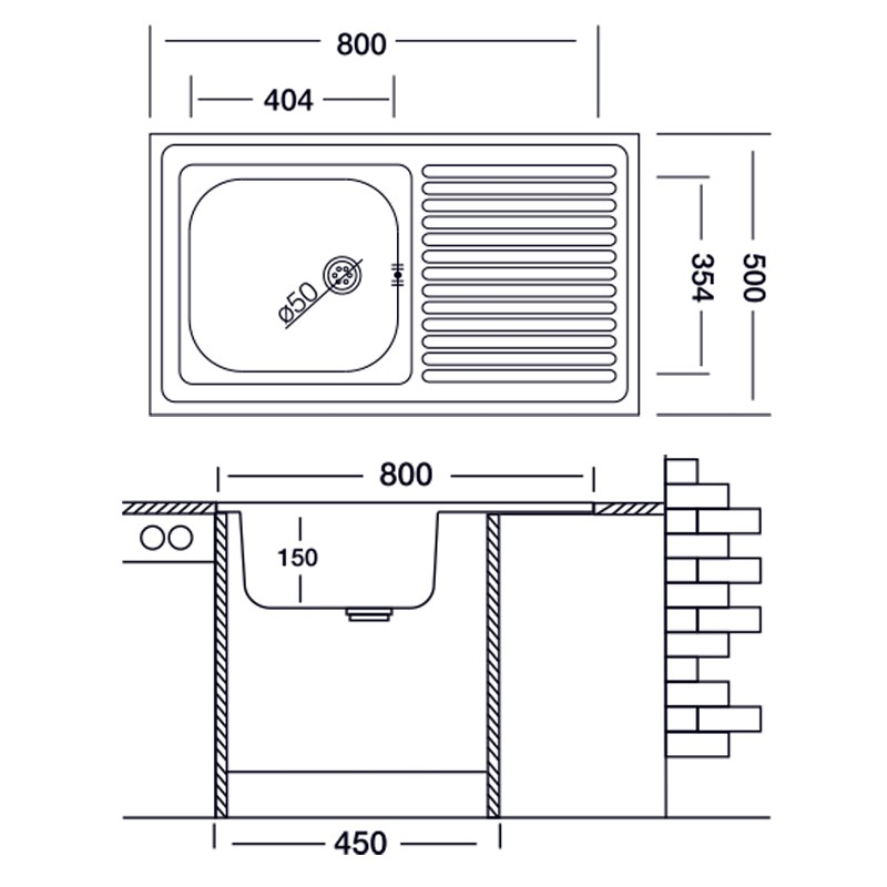 Lavello cucina vasca con gocciolatoio dx in acciaio da appoggio 50x80 cm(N216DX) (copia)