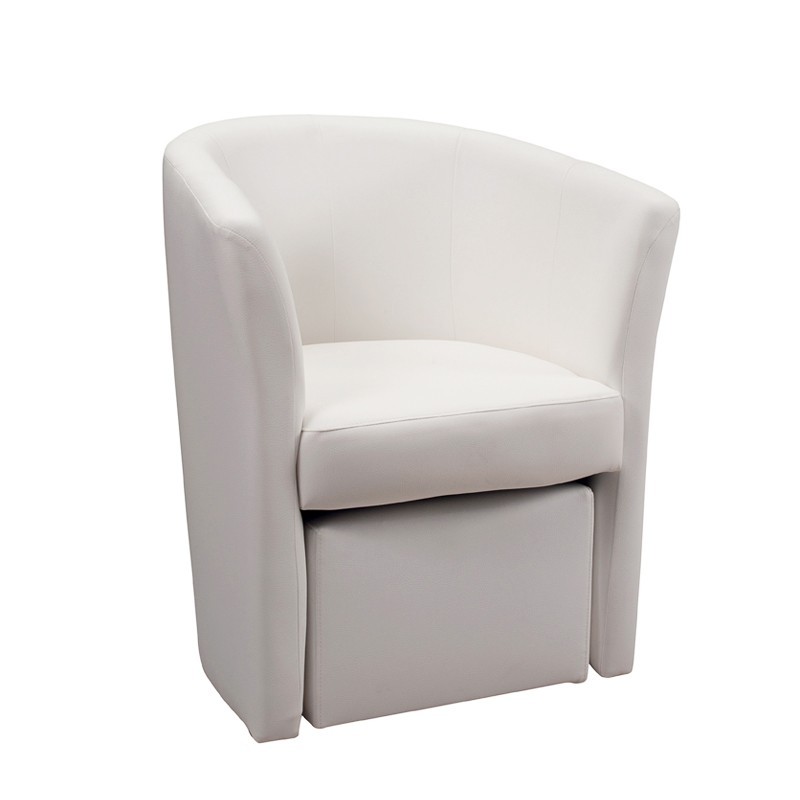 Poltrona imbottita rivestita in ecopelle bianca e pouff estraibile 64x63xh.76