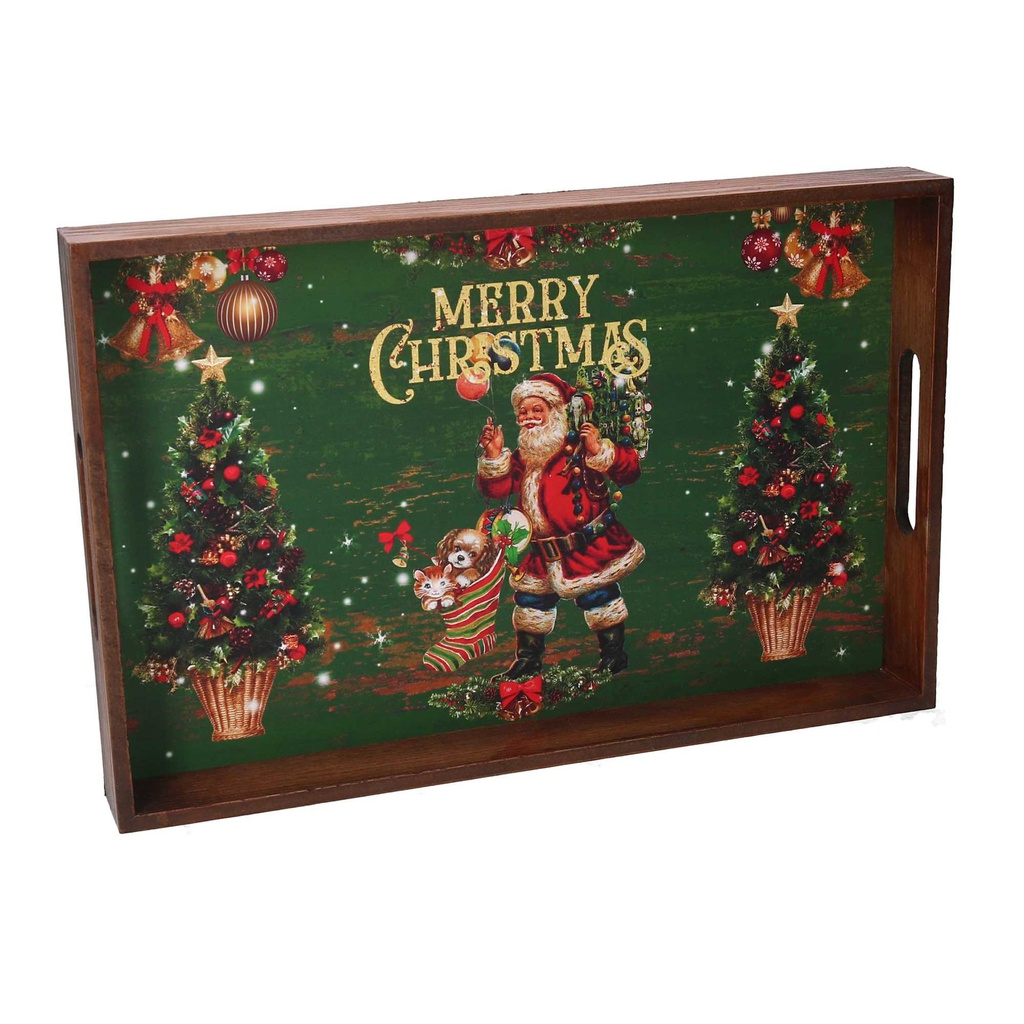 Vassoio legno 1-3 rosso verde scritta Merry Christmas rettangolare cm 45x30h4