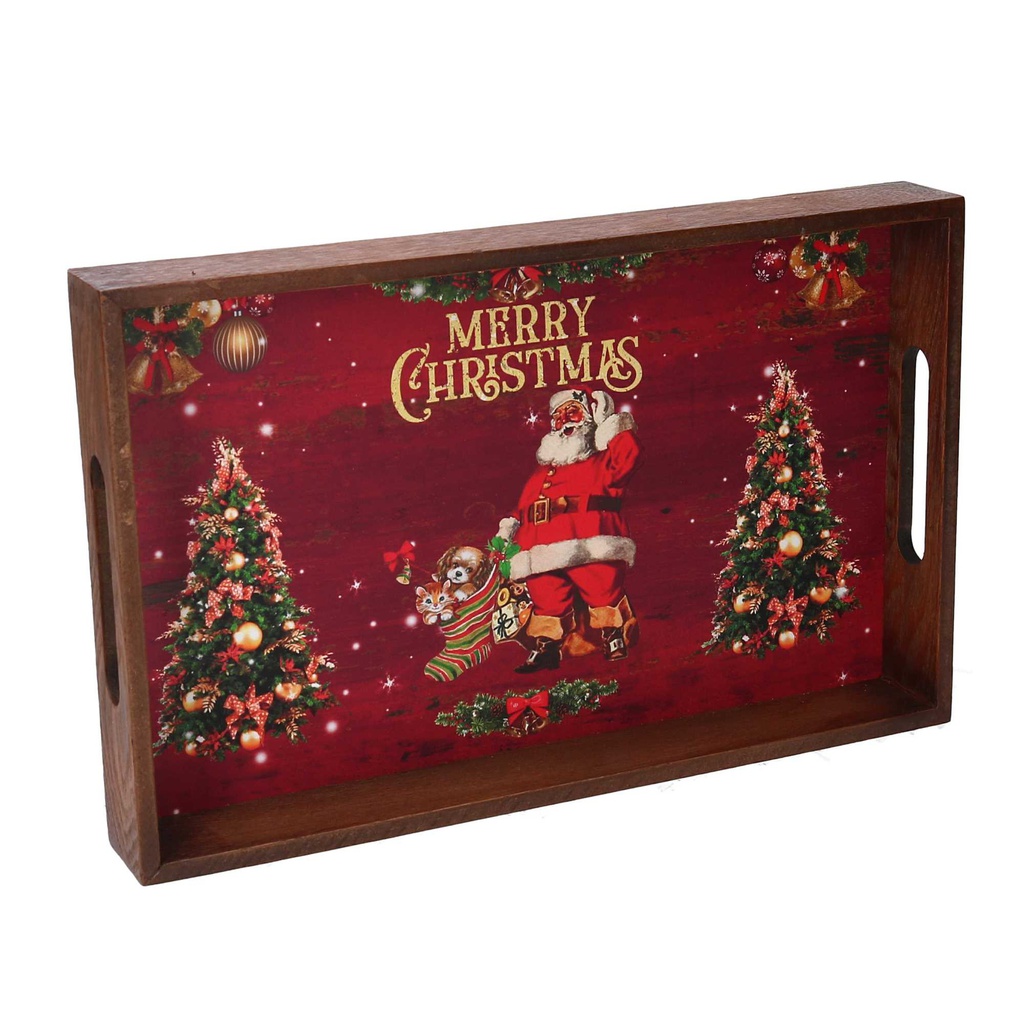Vassoio legno 1-3 rosso verde scritta Merry Christmas rettangolare cm 45x30h4