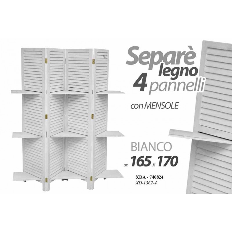 Separe ' in legno 4 pannelli in legno bianco shabby 165 xh.170 cm