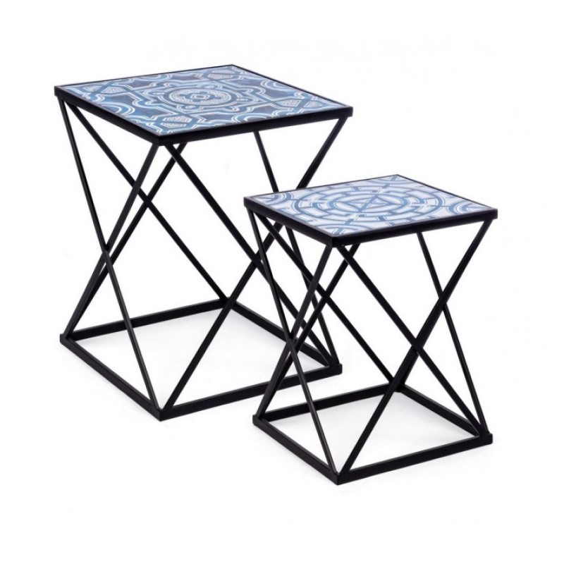 Set 2 tavolini NEAPOLIS in acciaio con piano in mdf decorato con stampa 55h 47h cm