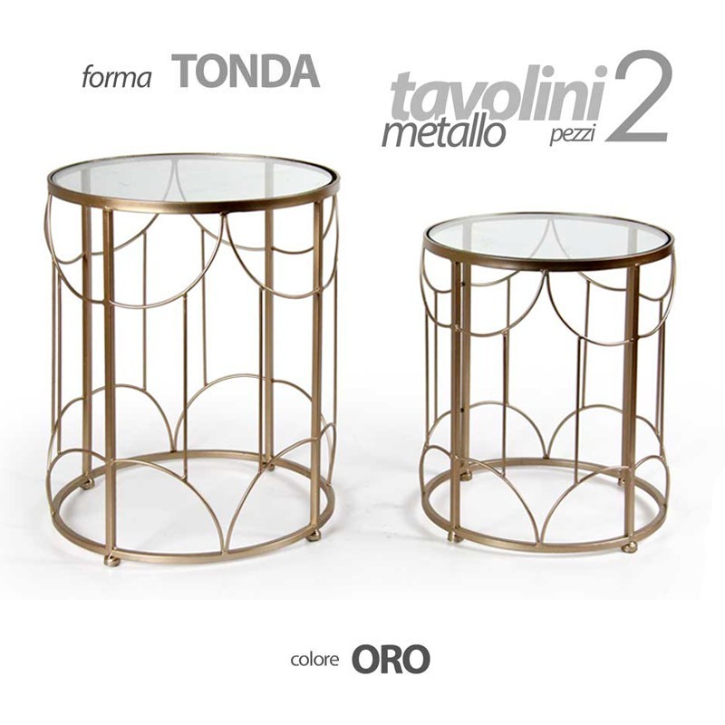 Set due tavolini salotto tondi oro piano vetro