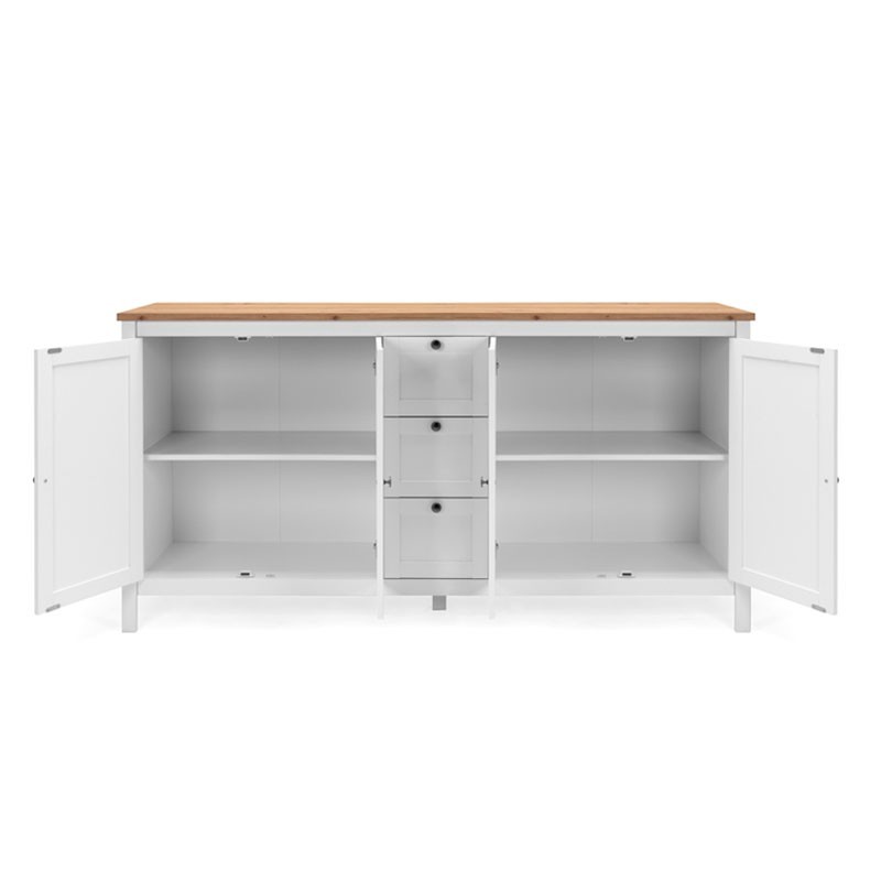 (2c) Mobile credenza 4 ante 3 cassetti bianco con top rovere 180x40xh.90 cm (BERGEN51BI) EFFEZ
