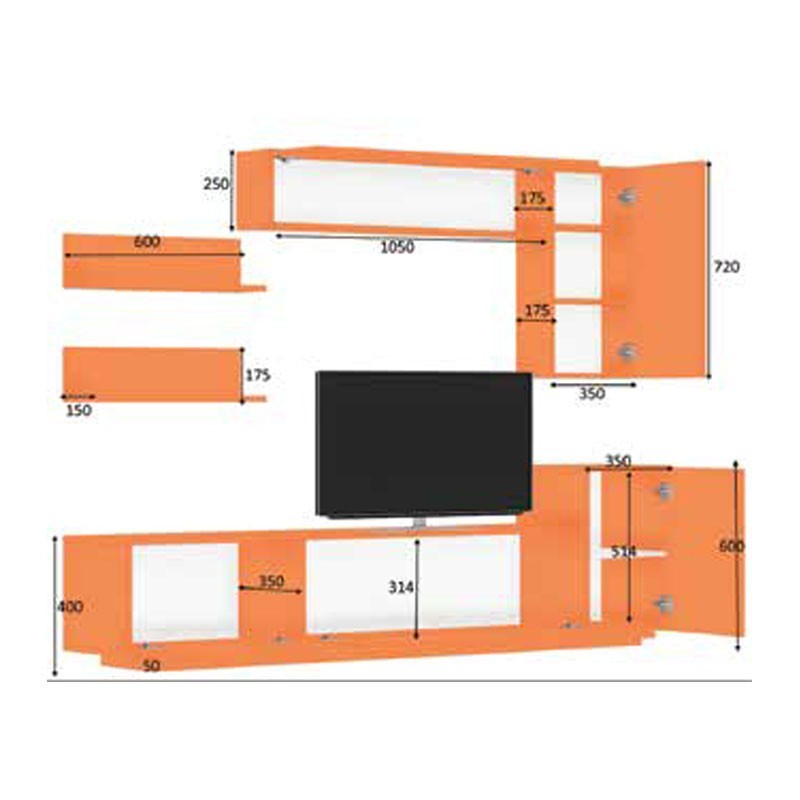 (2c) Parete attrezzata 3 ribalte con pensili bianco rovere 200x35xh.40-60 cm
