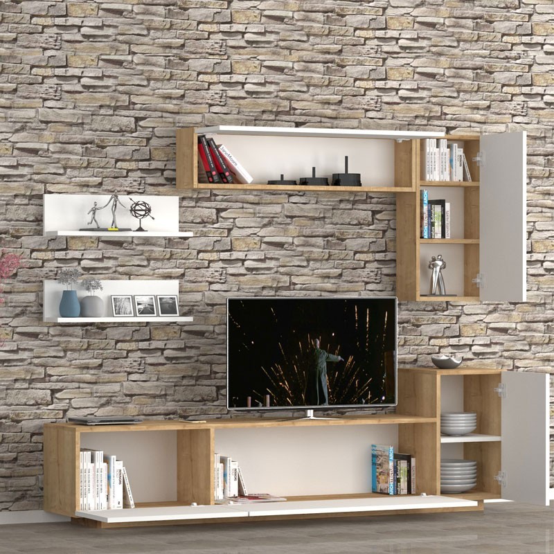 (2c) Parete attrezzata 3 ribalte con pensili bianco rovere 200x35xh.40-60 cm