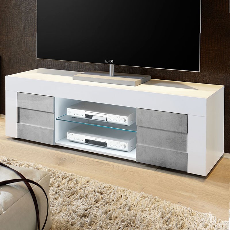 Base Porta TV bianco lucido 2 ante grigio cemento L.138 P.42 H.44 cm