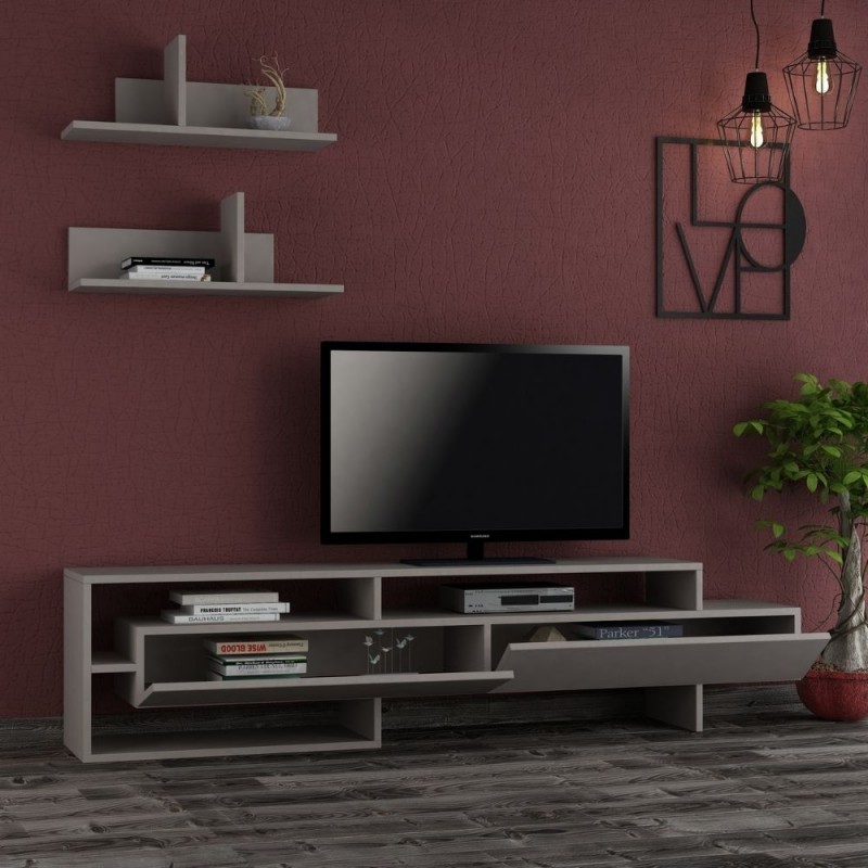 (2c) Porta tv con mensole a parete tortora 180x32x42h cm(GARATORTORA)