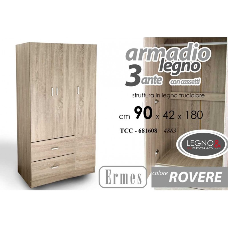 Armadio tre ante rovere con cassetti cm 90 x 42 x 180 h