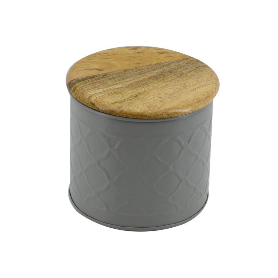 Barattolo metallo tappo legno grigio cmø15h14