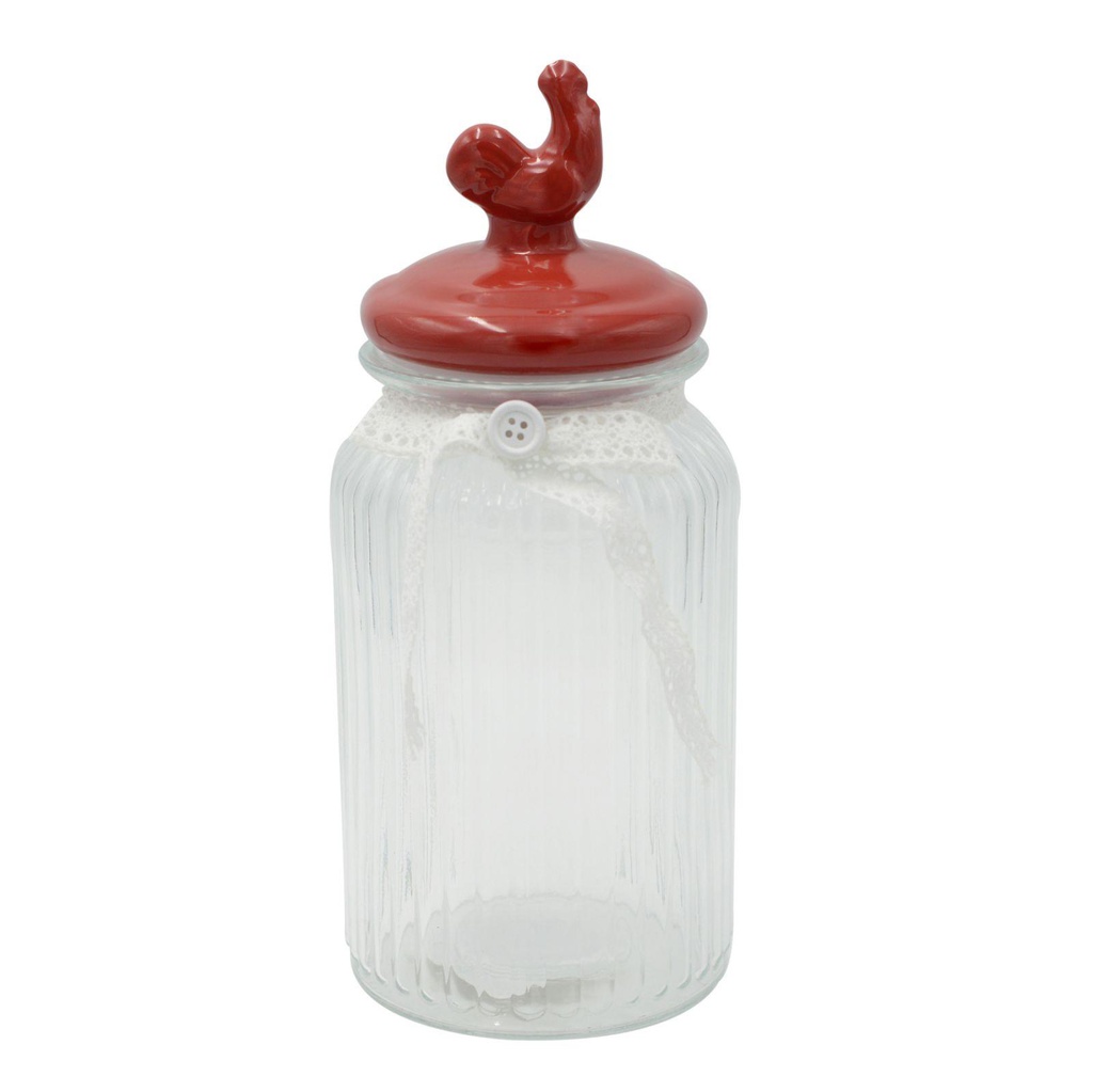 Barattolo vetro con tappo gallo ceramica rosso tondo cmø11h25