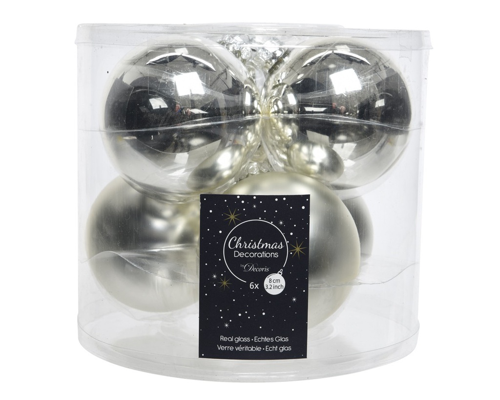Box 6  palline natalizie in vetro  argento lucido satinato cm 8