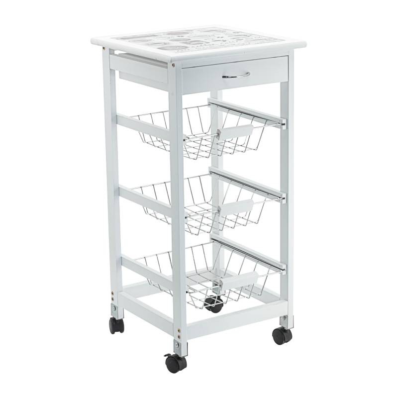 Carrello da cucina con ruote bianco tre cesti e cassetto