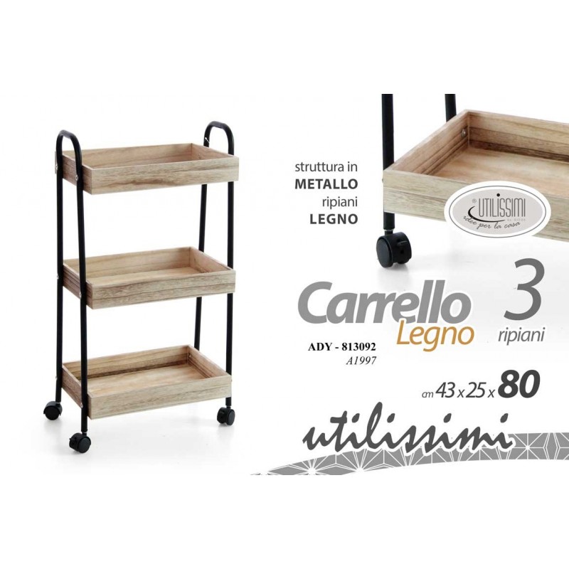 Carrello industrial ruote legno per cucina cm 43 x 25 x 79 h