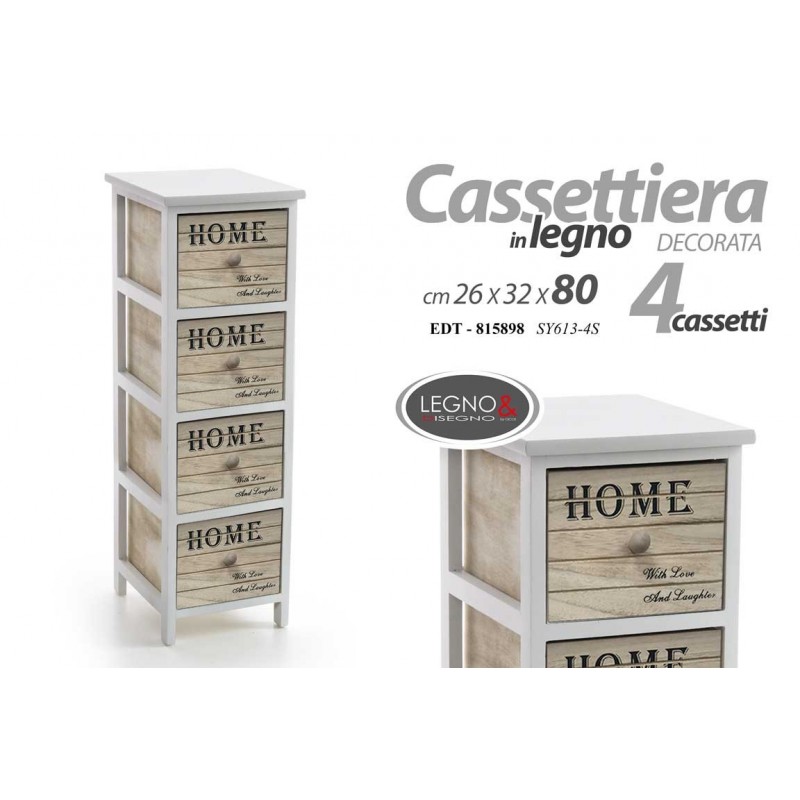 Cassettiera Home in legno con decori 4 cassetti cm 26 x 32 x 80 h