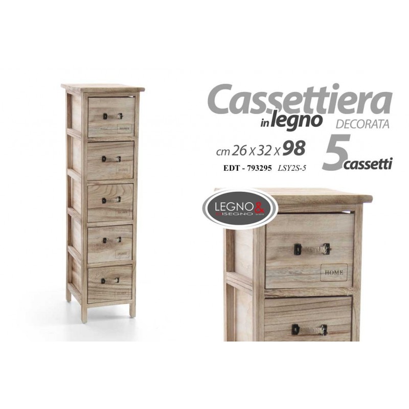 Cassettiera in legno decoro Home stretta 5 cassetti cm 26 x 32 x 98 h