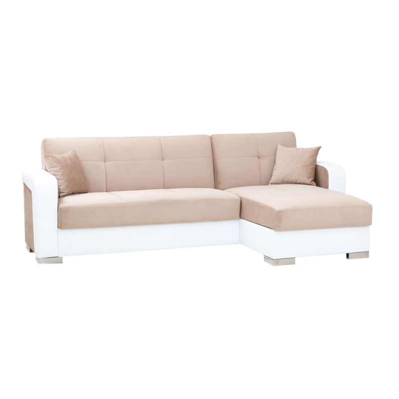 Divano letto ecolpelle bianco e tessuto beige con penisola a destra 240x140xh.88 cm