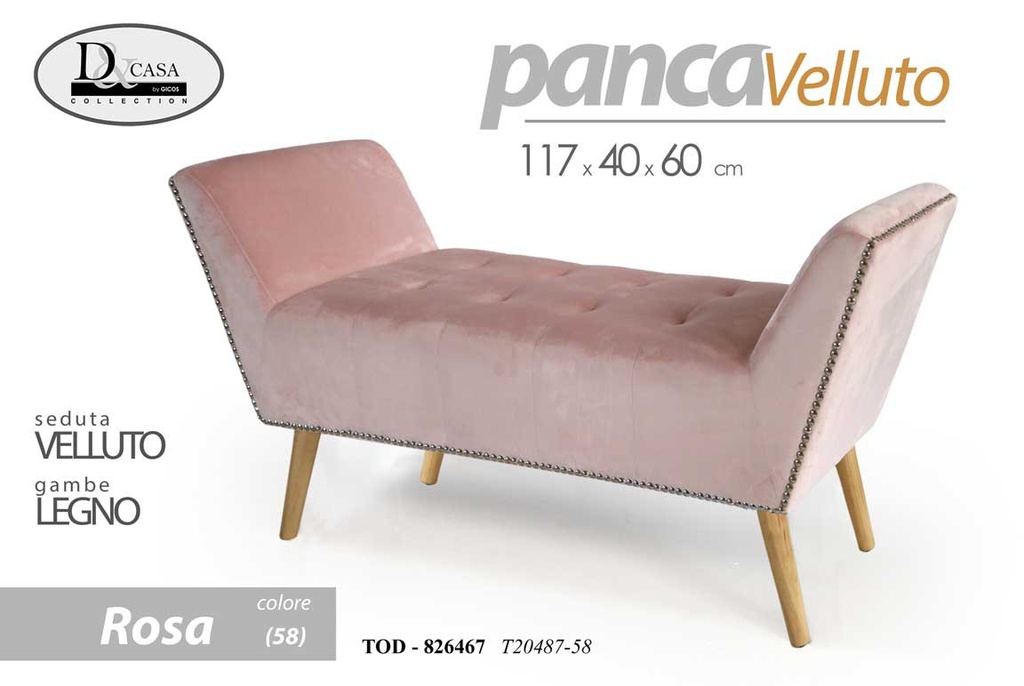 Panca retro in velluto rosa gambe in legno
