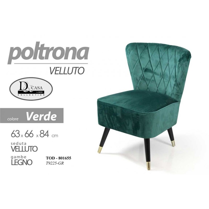 Poltrona da camera in velluto verde cm 63 x 66 x 84 h