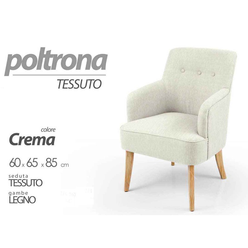 Poltrona in tessuto da camera o salotto piedi legno cm 60 x 65 x 85 h crema