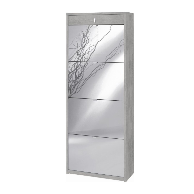 Scarpiera quattro ante a specchio un cassetto superiore Beton Cemento 63x29x h164 cm