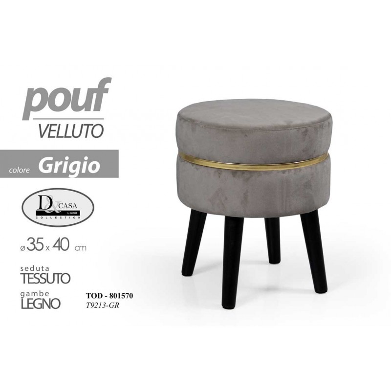 Sgabello in tessuto velluto con gambe in legno pouf cm 35 x 40 h grigio