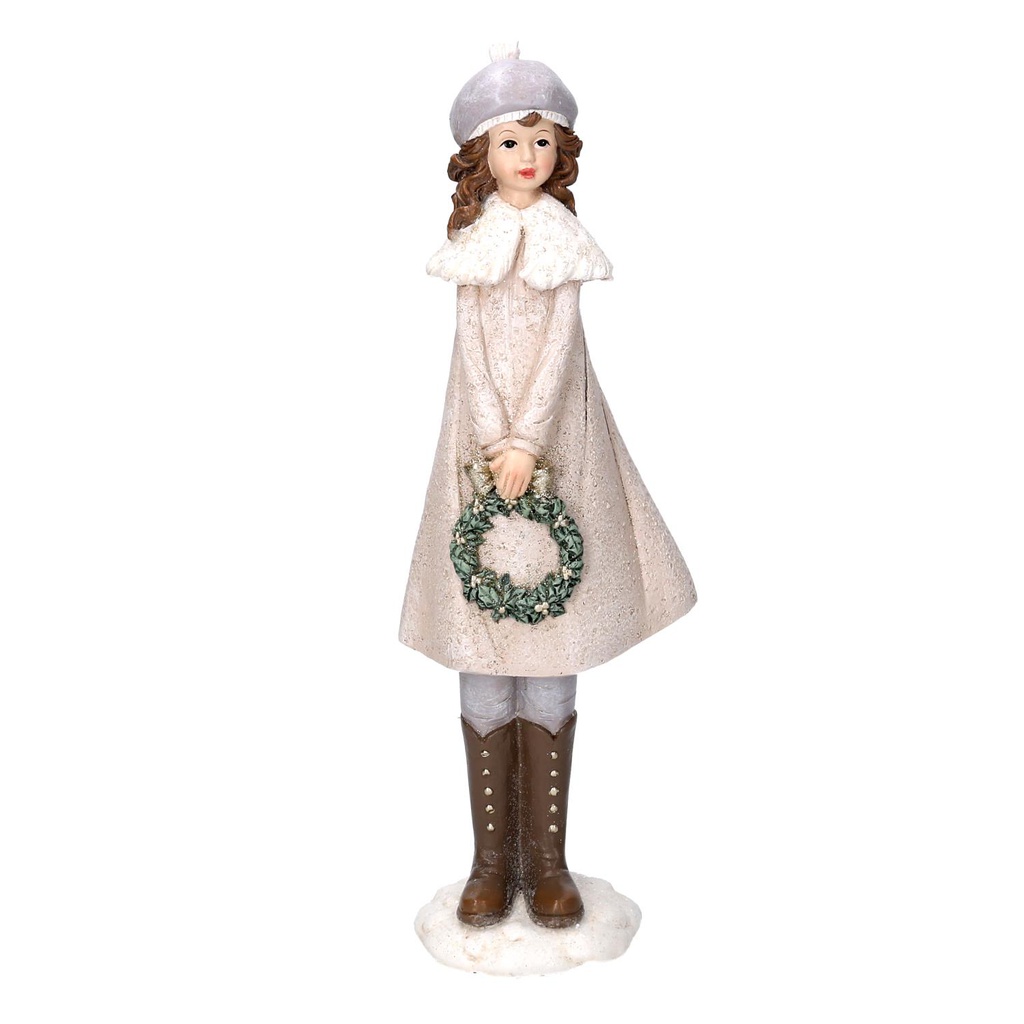 Statua resina bambina con ghirlanda bianco cm8x12h31,5
