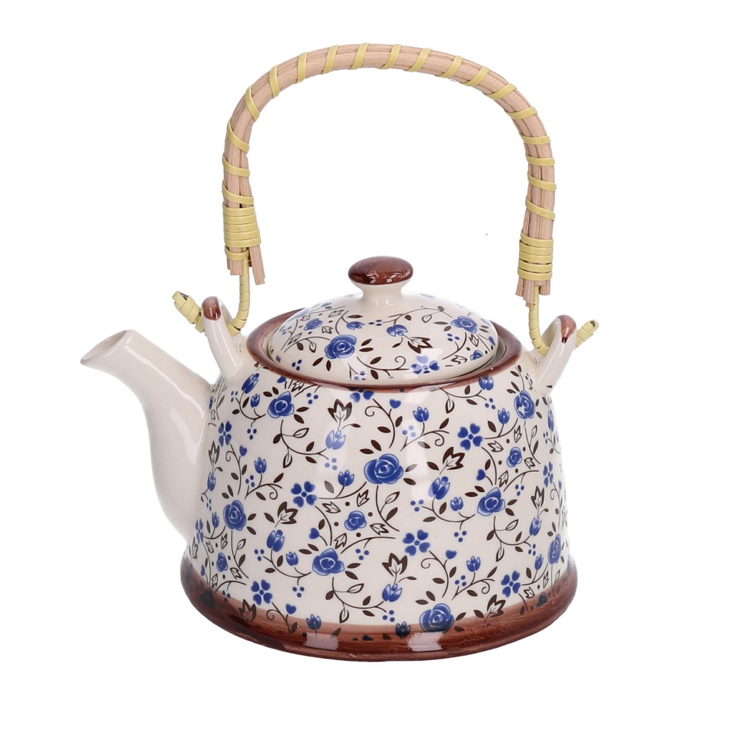 Teiera ceramica bianco con fiori blu tondo cmø15h14