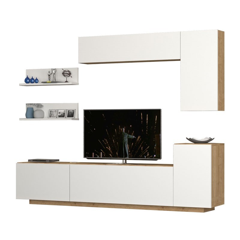 (2c) Parete attrezzata 3 ribalte con pensili bianco rovere 200x35xh.40-60 cm