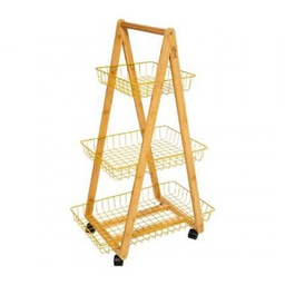 [19921710] Carrello da cucina moderno in bamboo tre ripiani Mostarda con ruote 54,5x35,5x h88 cm