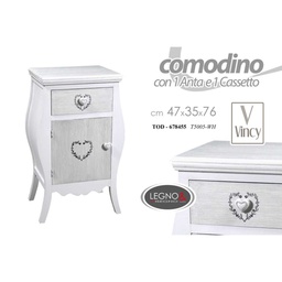 [GIC678455] Comodino shabby bianco cuore con vano e cassetto cm 47 x 35 x 77 h