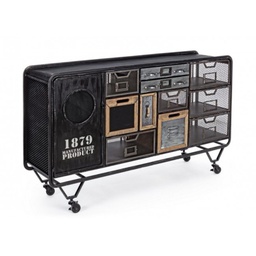 [B0745794] Credenza in acciaio un anta undici cassetti Antracite LIVERPOOL 128x33,5x h78,5 cm