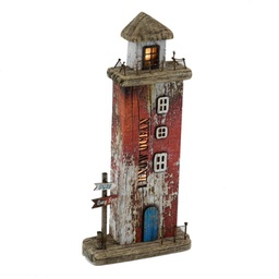 [2000517] Decorazione mare Faro in legno rosso con LED cm 16x6,5x34h
