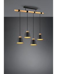 [TRIO312700432] Lampadario Barra Legno 4 Paralumi Nero Oro Harris Trio Lighting