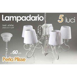 [GIC674761] Lampadario a 5 luci bianco con paralumi in tessuto cm 60